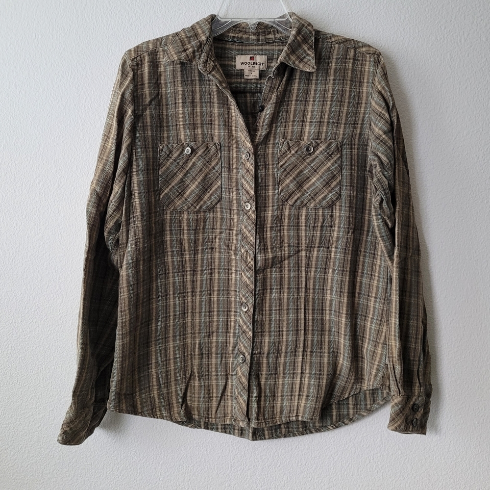 Woolrich Green Plaid Flannel Button Up Long Sleeve Womens
